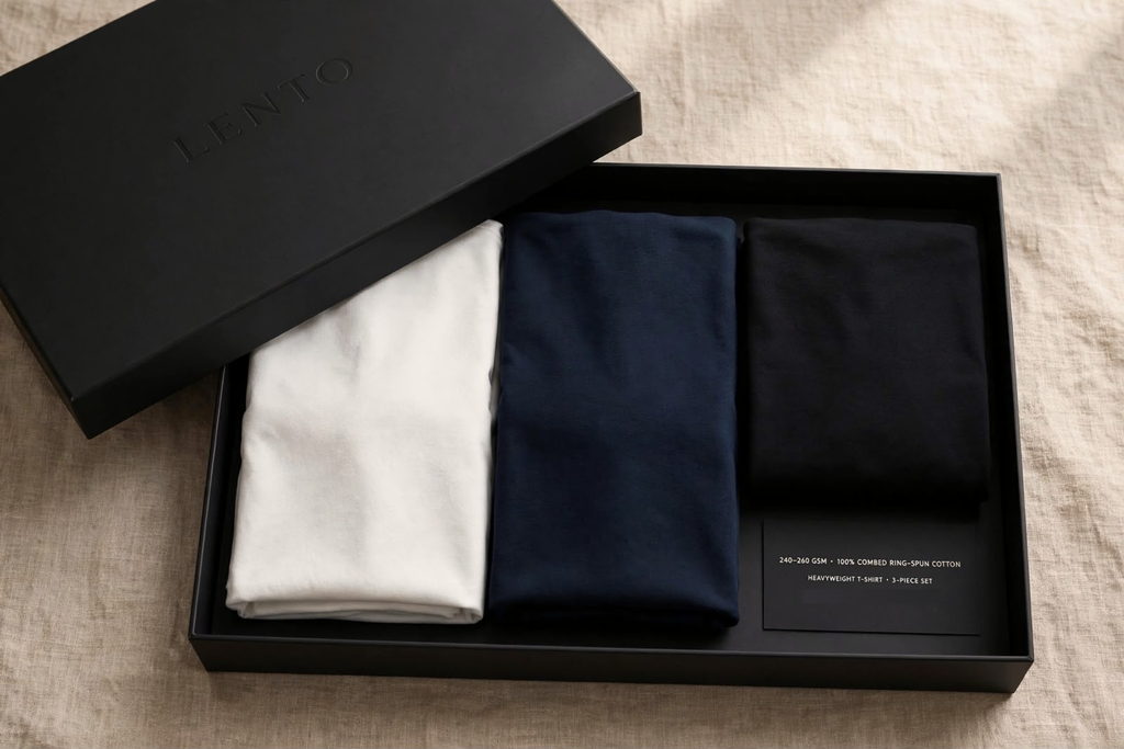 The box with the lid off, the three shirts folded flat in white, navy and black.